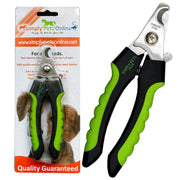 Black and green dog nail clippers with stainless steel blades in packaging and standalone view
