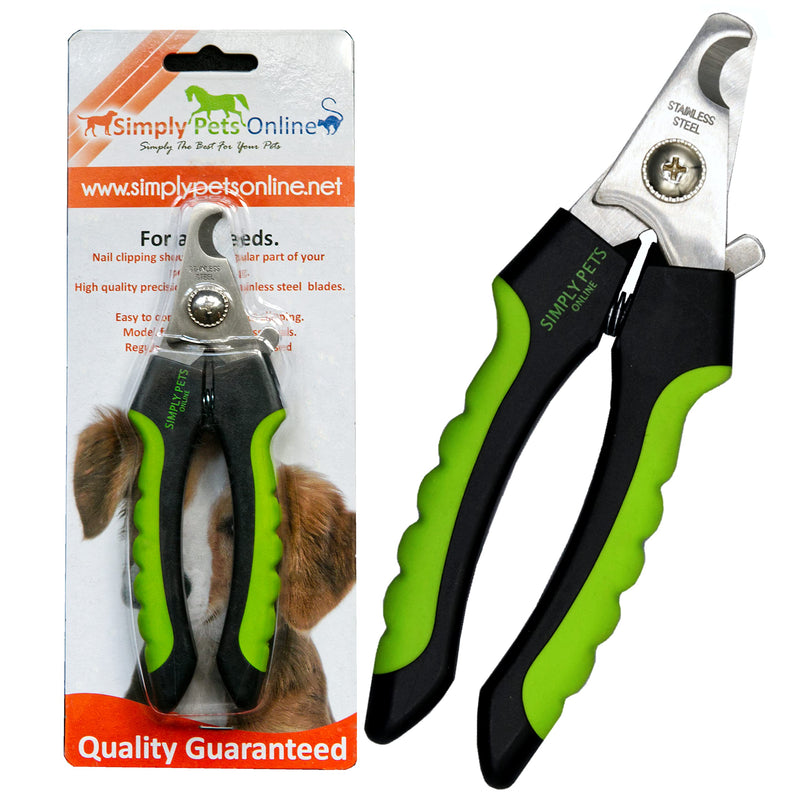 Black and green dog nail clippers with stainless steel blades in packaging and standalone view