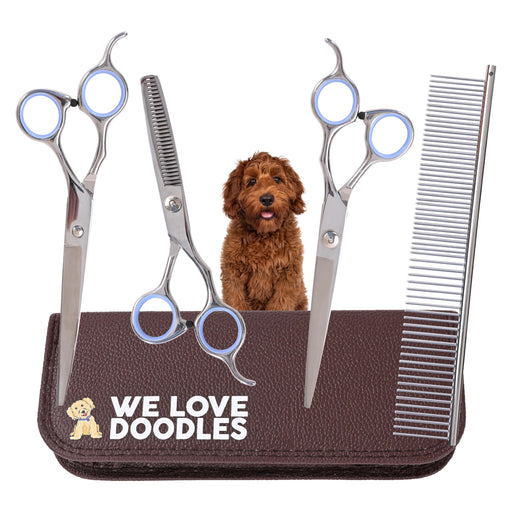 Dog grooming scissors set with brown leather case showing curly red poodle and grooming tools