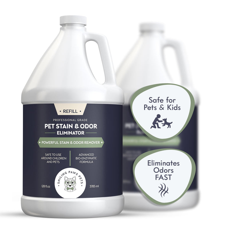 White gallon jug of professional grade pet stain and odor eliminator with safety badges