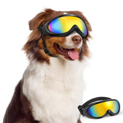 Happy Australian Shepherd wearing colorful mirrored goggles with product shot below