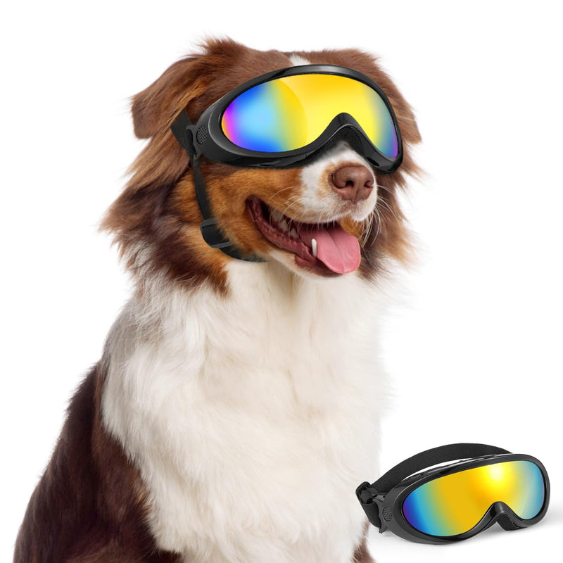 Happy Australian Shepherd wearing colorful mirrored goggles with product shot below