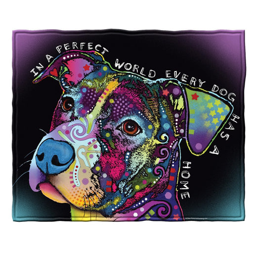 Vibrant multicolored dog art blanket with psychedelic patterns and text on dark background