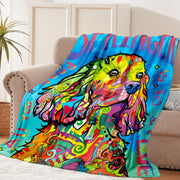 Vibrant psychedelic dog art blanket draped over beige armchair in modern living room setting