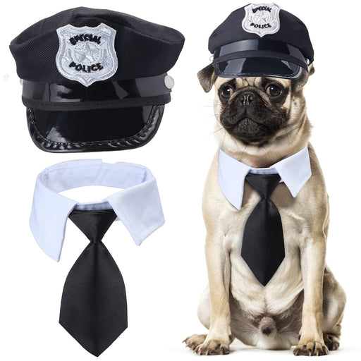 Pug wearing black police hat and white collar with black necktie costume set