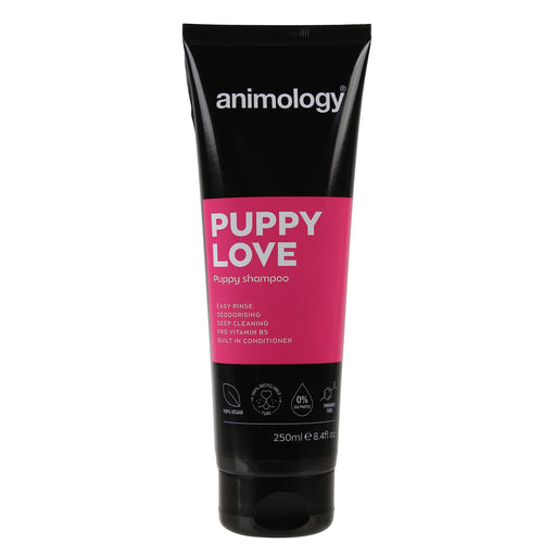 Black and pink Animology Puppy Love shampoo tube showing product details and 250ml size