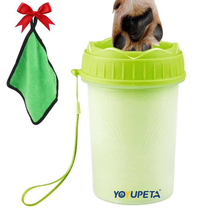 Green dog paw cleaner cup with puppy paws inside, microfiber towel with red bow hanging nearby