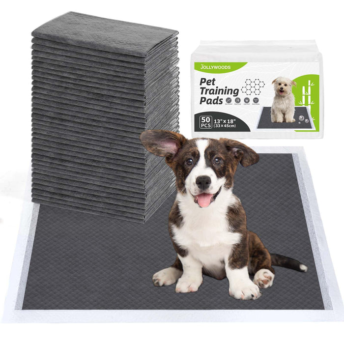 Brown and white puppy sitting on gray training pad with product packaging and stack visible