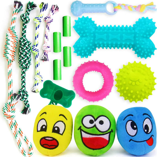Colorful puppy teething toy set with rope toys, rubber rings, squeaky balls and plush emoji toys