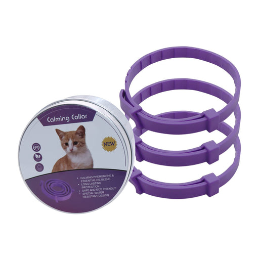 Purple cat calming collar 3-pack with round tin packaging showing pheromone features