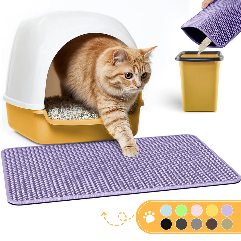 Orange kitten stepping out of yellow litter box onto purple textured mat with color options shown