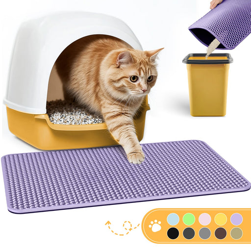 Orange kitten stepping out of yellow litter box onto purple textured mat with color options shown