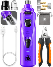 Purple LED dog nail grinder with accessories including clippers, grinding attachments, and USB cable