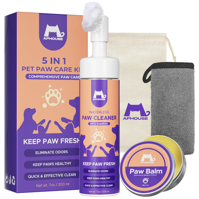 Purple and orange pet paw care kit with foam cleaner bottle, paw balm tin, and cleaning cloths