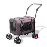 Purple pet stroller with mesh windows, black handle, and red accent wheels on white background