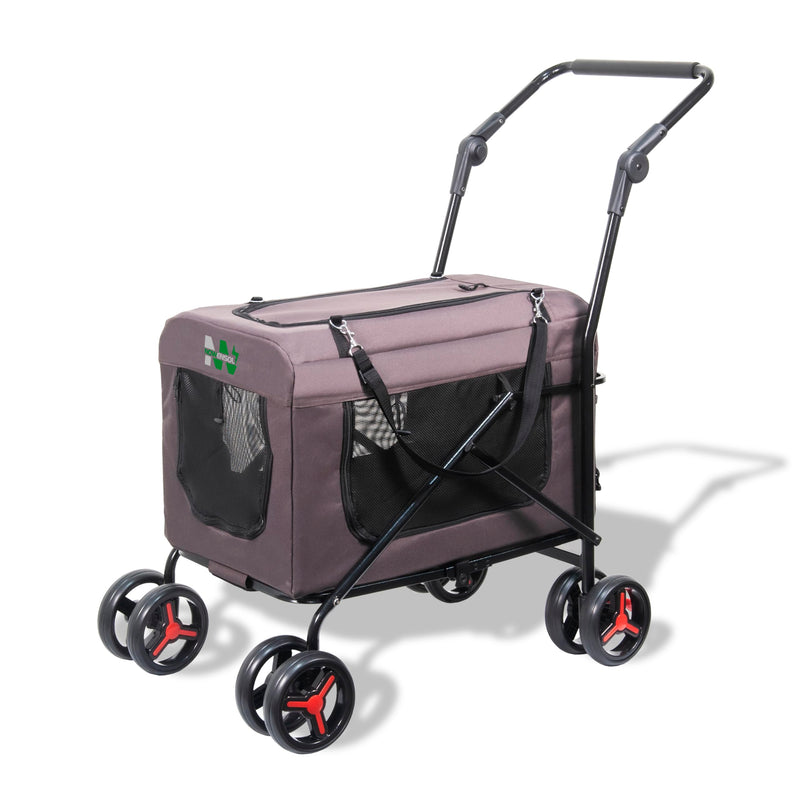 Purple pet stroller with mesh windows, black handle, and red accent wheels on white background
