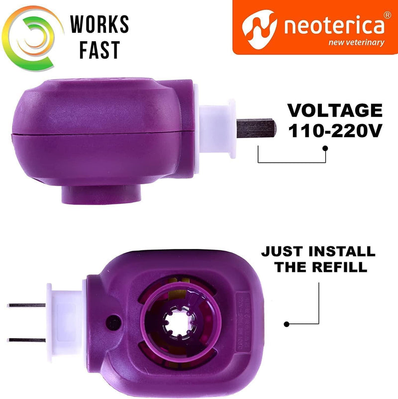 Purple pheromone diffuser showing front plug view and back refill installation detail