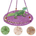 Green iguana on purple rope hammock with decorative beads, showing three color options below