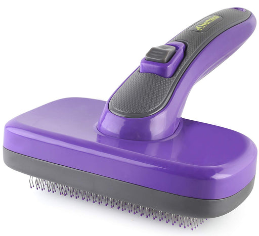 Purple self-cleaning slicker brush with gray handle and retractable metal pins for pet grooming