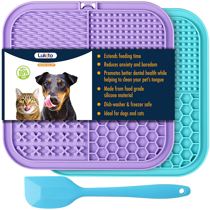 Purple and teal textured lick mats with different patterns, featuring product packaging with cat