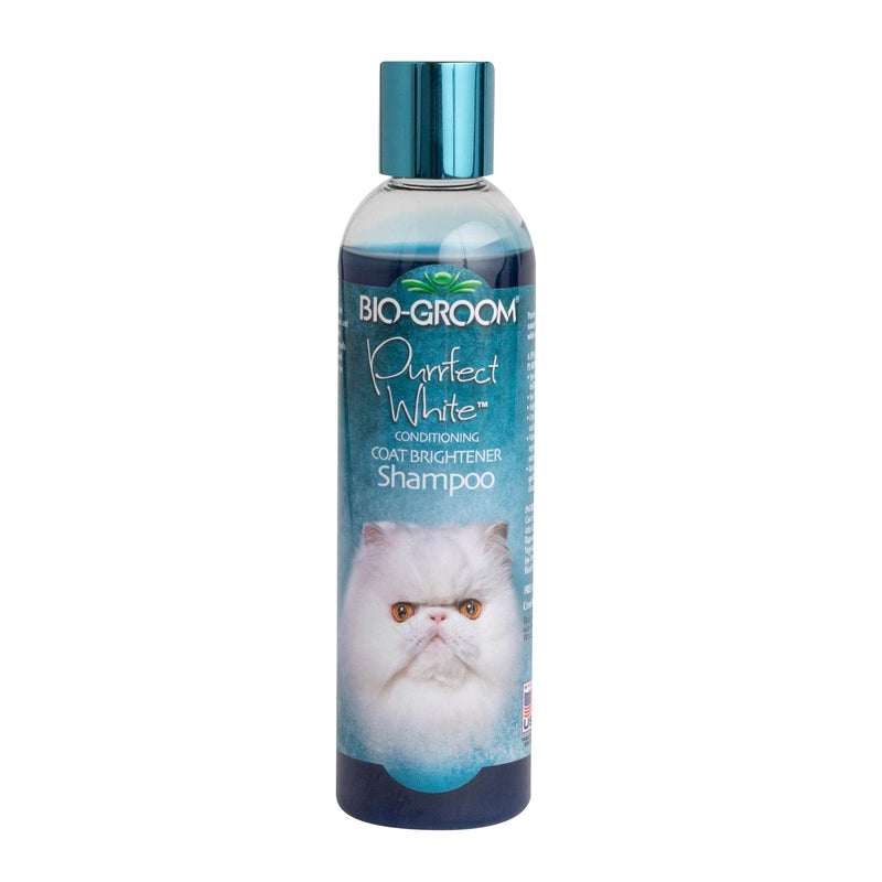 Bio-Groom Purrfect White cat shampoo bottle with blue cap and white Persian cat image on label