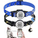 Two moon and star patterned cat collars with QR code tags, one blue and one black, with cat and