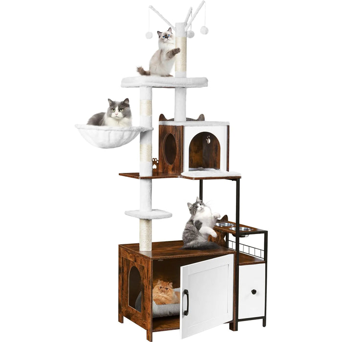 Snughome Cat Tree with Hidden Litter Box Enclosure and Cat Condo with Food Station