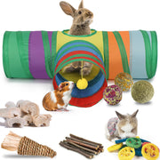 Colorful rabbit tunnel playset with guinea pig, bunny, and natural chew toys displayed