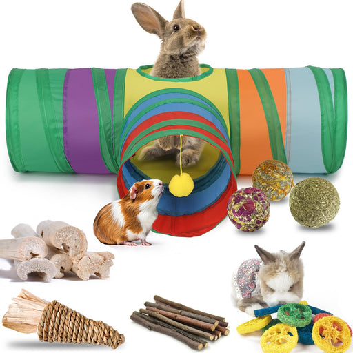 Colorful rabbit tunnel playset with guinea pig, bunny, and natural chew toys displayed