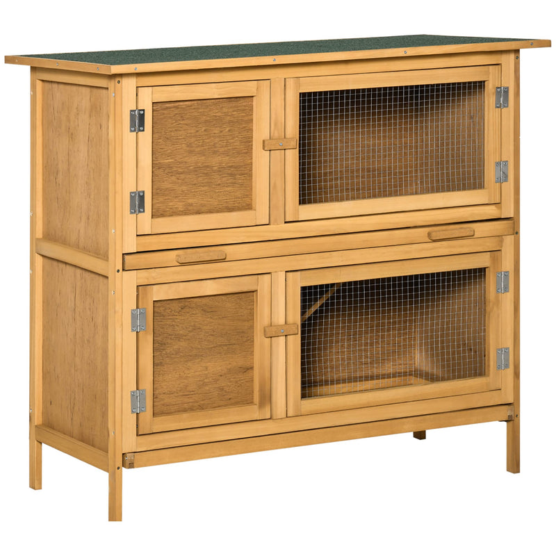 Natural wood two-tier rabbit hutch with wire mesh doors and green asphalt roof top