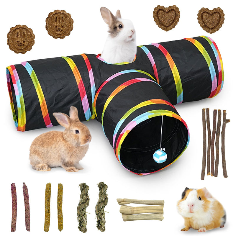 Black rainbow-striped 3-way rabbit tunnel with two rabbits, guinea pig, and chew toys on white