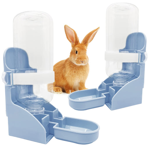Orange rabbit sitting on blue plastic water bottle feeder system with clear bottles and bowls