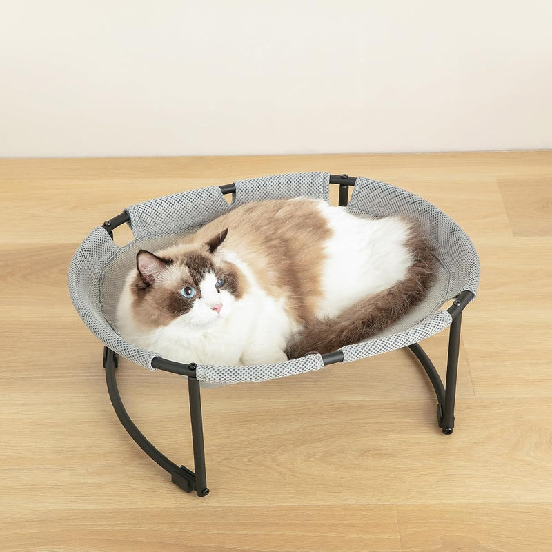 Ragdoll cat with blue eyes resting in a grey mesh elevated pet hammock bed