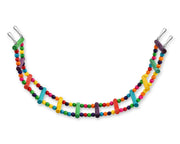 Colorful wooden bead bird swing with multiple strands of rainbow beads and metal clips