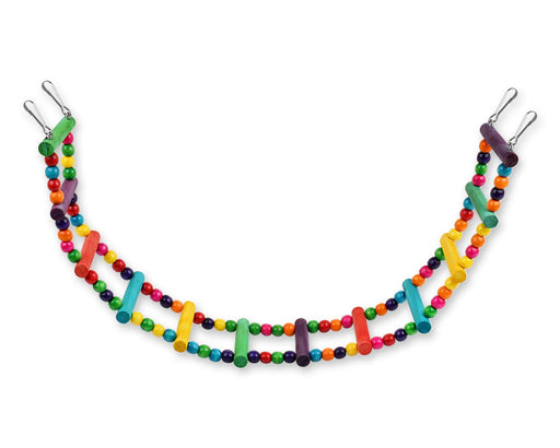 Colorful wooden bead bird swing with multiple strands of rainbow beads and metal clips
