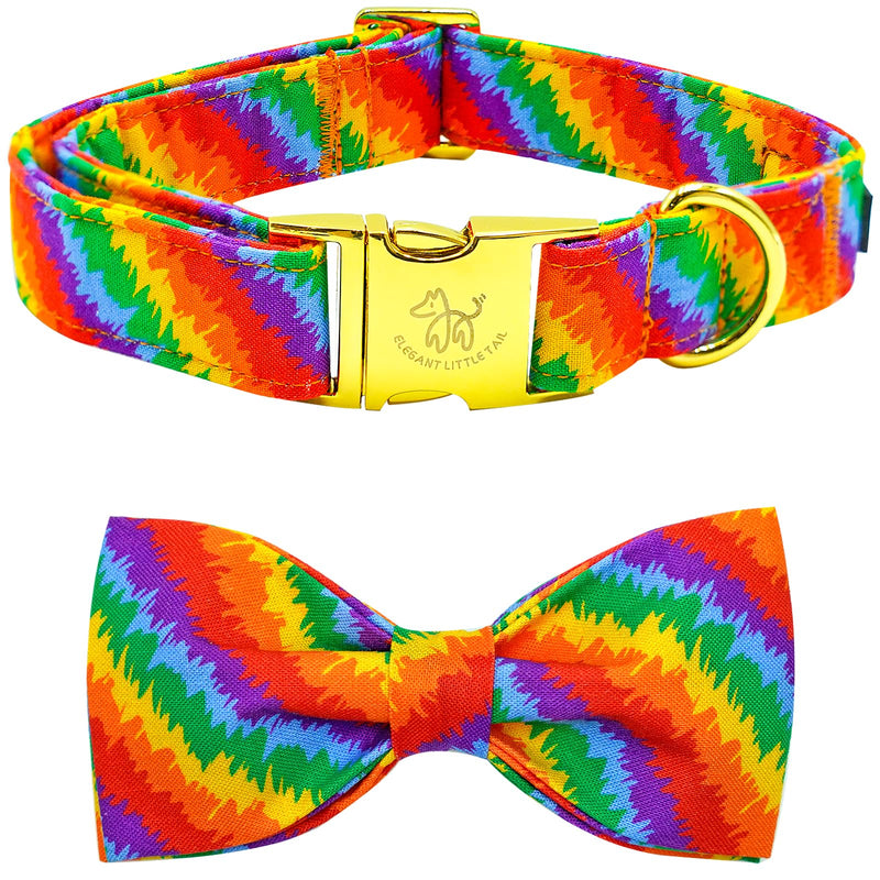 Colorful rainbow tie-dye dog collar with gold buckle and matching bow tie accessory