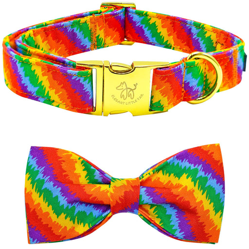 Colorful rainbow tie-dye dog collar with gold buckle and matching bow tie accessory