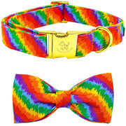 Colorful rainbow tie-dye dog collar with gold buckle and matching bowtie accessory