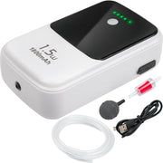 White and black portable aquarium air pump with green LED indicators and accessories displayed