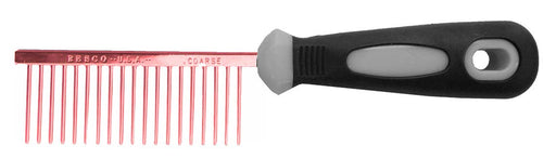 Red anti-static pet grooming comb with black ergonomic handle on white background