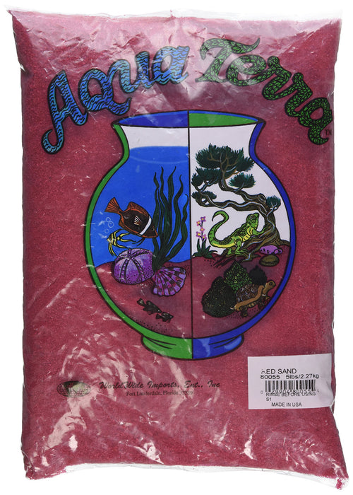Red aquarium sand package with fish bowl logo showing aquatic scene with fish and plants