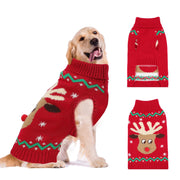 Golden retriever wearing red Christmas sweater with reindeer design, showing two additional