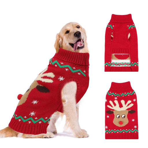 Golden retriever wearing red Christmas sweater with reindeer design, showing two additional