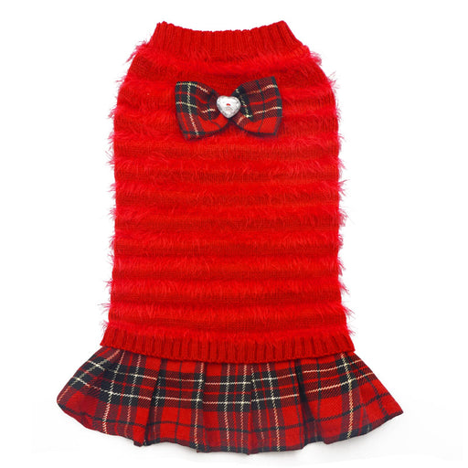 Red fuzzy knit dog dress with plaid ruffle skirt and matching bow tie decoration on chest