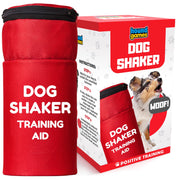 Red dog training shaker can with black zipper next to product packaging box