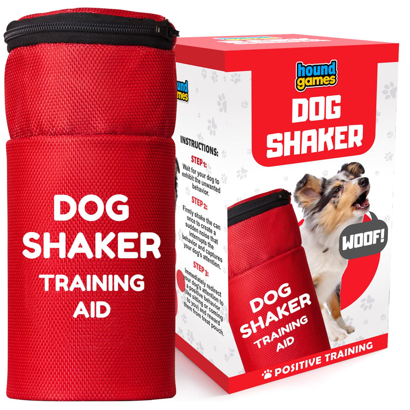 Red dog training shaker can with black zipper next to product packaging box