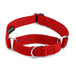 Red martingale dog collar with silver hardware shown from angled view on white background