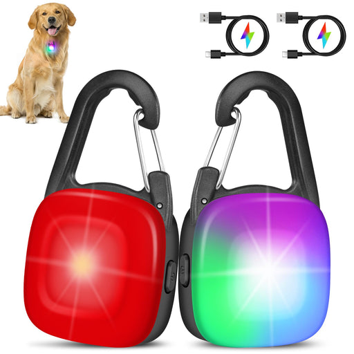 Two LED dog safety lights with carabiner clips showing red and multicolor rainbow illumination