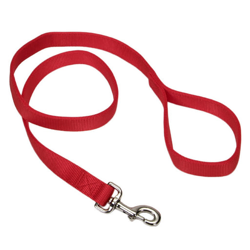 Red nylon dog leash with silver metal bolt snap clip laid out in curved position on white background