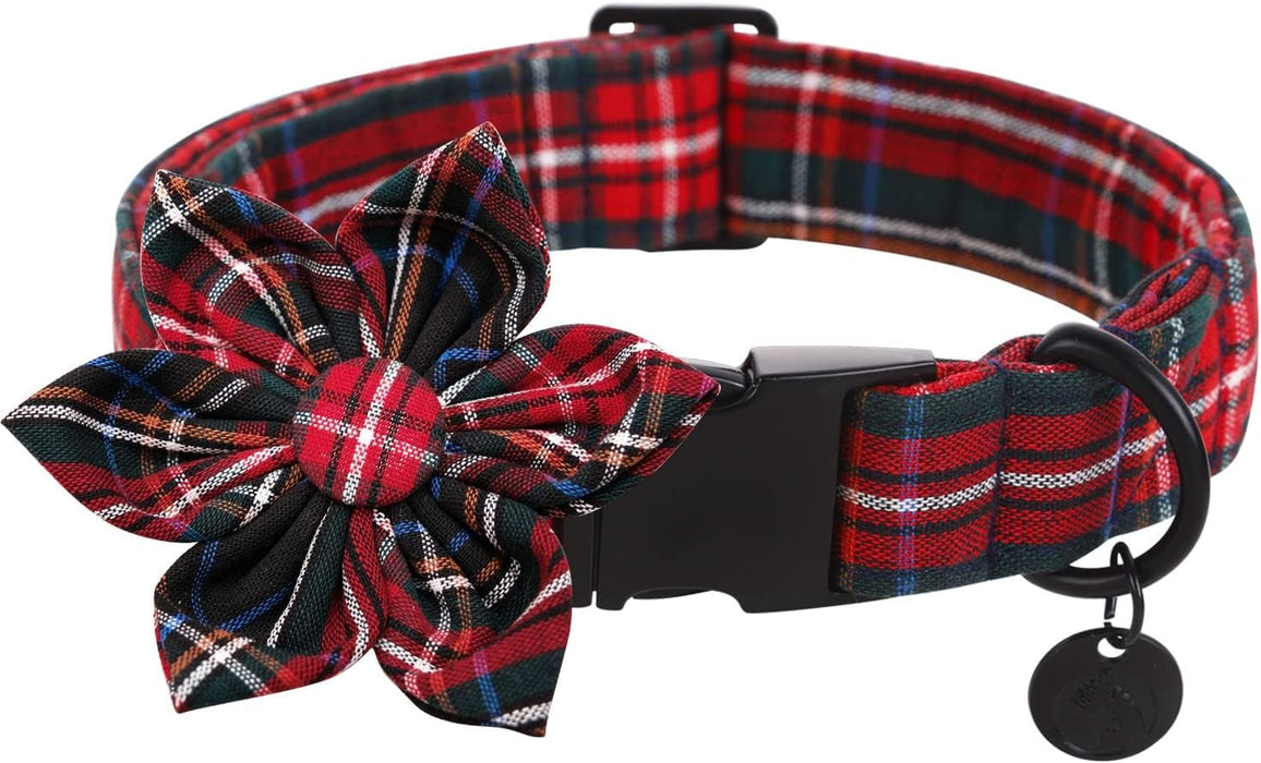 Red plaid Christmas dog collar with decorative fabric flower bow and black plastic buckle